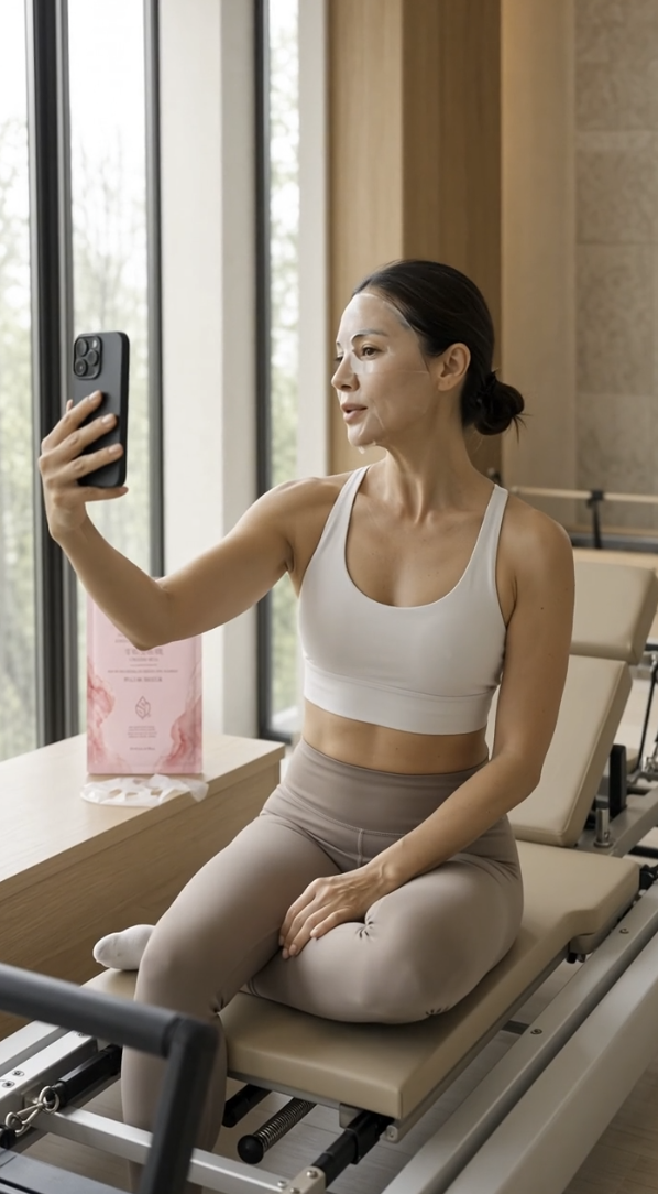 PINKOZA model taking a mirror selfie on a Pilates reformer machine next to her pink Imperial Jade Radiance Mask packet in a bright studio.