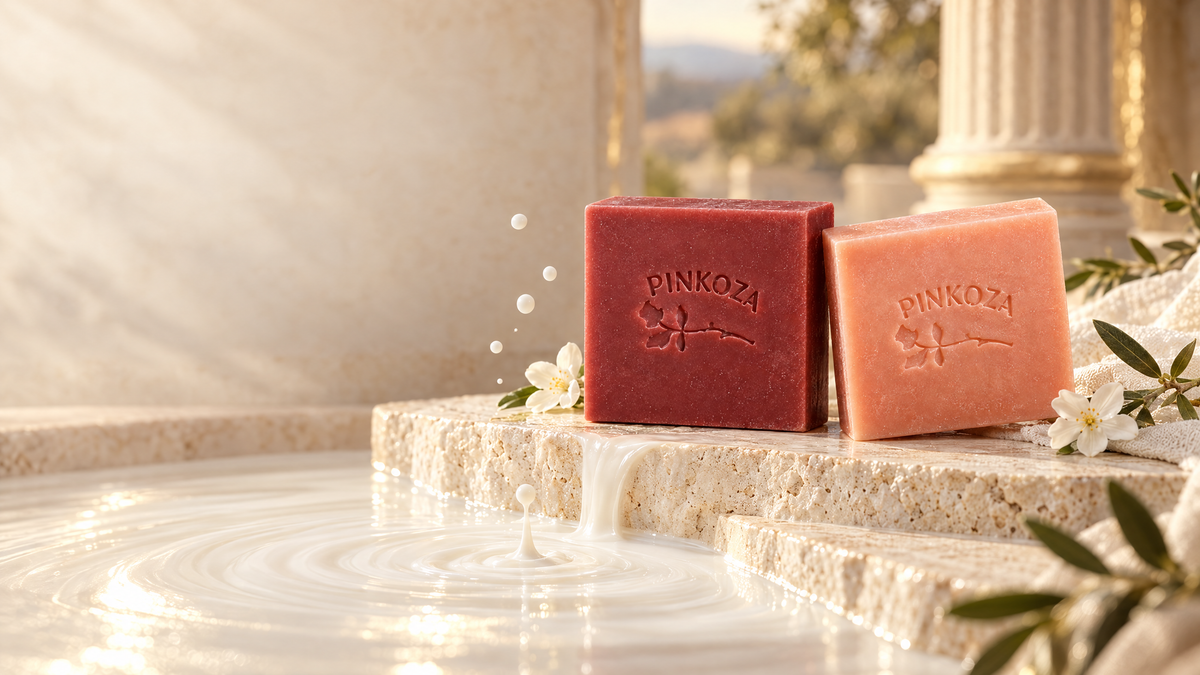 Two bars of PINKOZA goat milk soap, one red and one peach, resting on a stone spa ledge beside a tranquil, rippling milk bath.