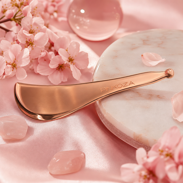 PINKOZA pink copper gua sha facial sculpting tool with an engraved logo resting on a round white marble tray surrounded by pink cherry blossoms and rose quartz crystals.