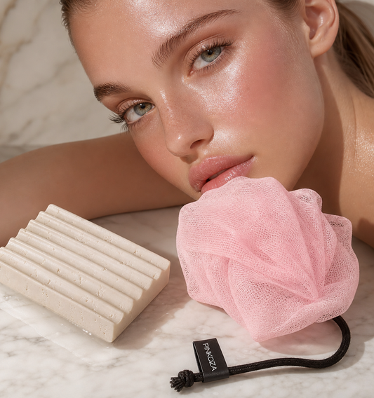 PINKOZA pink mesh soap bag and ribbed stone finish soap dish on marble next to a model with glowing skin