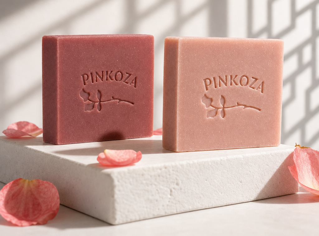 Two rectangular PINKOZA handmade goat milk soap bars in deep rose pink, embossed with the PINKOZA brand name, displayed on a white pedestal with scattered pink petals and soft window shadow lighting.