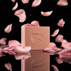 PINKOZA handmade salmon pink goat milk soap bar with flower petals