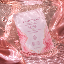 PINKOZA Imperial Jade & Velvet Goat Milk Radiance Mask pink packaging and hydrating pink sheet mask floating in water.