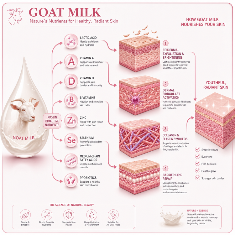PINKOZA goat milk ingredient infographic showing a goat in a milk droplet and four pink skin cross section diagrams explaining how lactic acid, vitamins, and zinc repair the skin barrier.