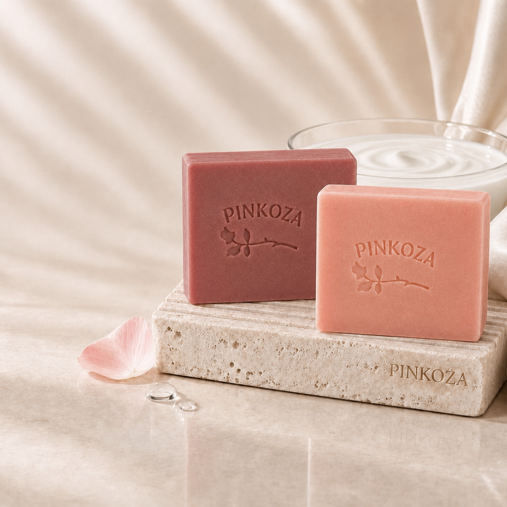 PINKOZA handmade pink goat milk soap bars featuring an embossed rose logo resting on a branded textured stone soap dish with a glass bowl of cream.