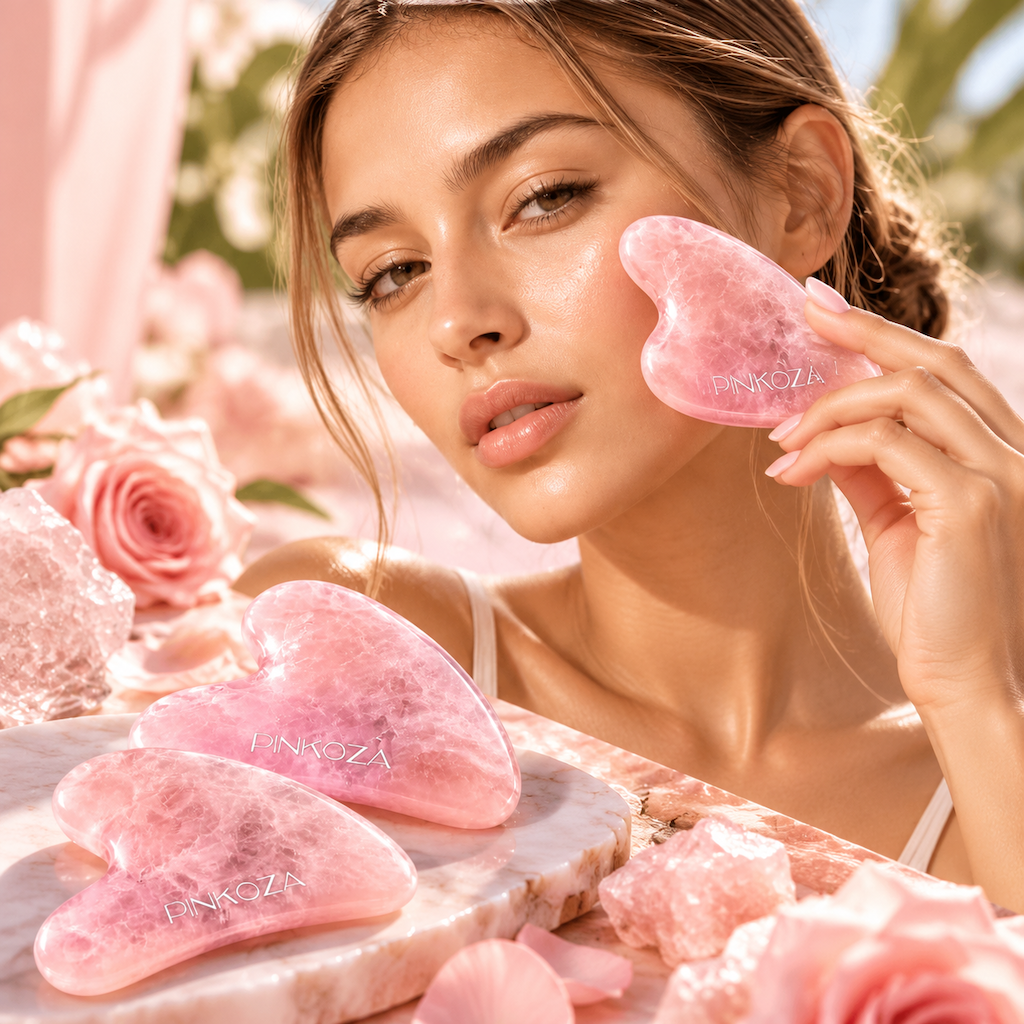 A woman holds a pink heart-shaped facial massage stone against her cheek, with three matching pink PINKOZA stones arranged on a marble slab in a soft pink floral setting.