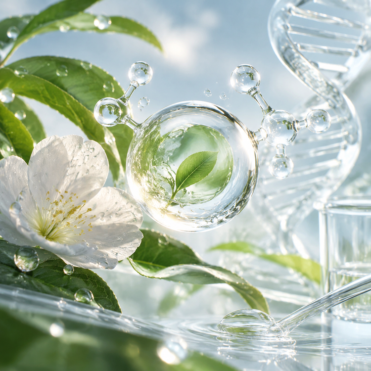 PINKOZA skincare science graphic featuring white botanical blossoms, green leaves, and glass molecular structures representing modern clinical actives like Niacinamide and Vitamin C.