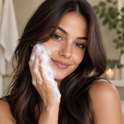 Smiling woman with glowing skin washing her face with the rich, creamy lather of PINKOZA goat milk soap.