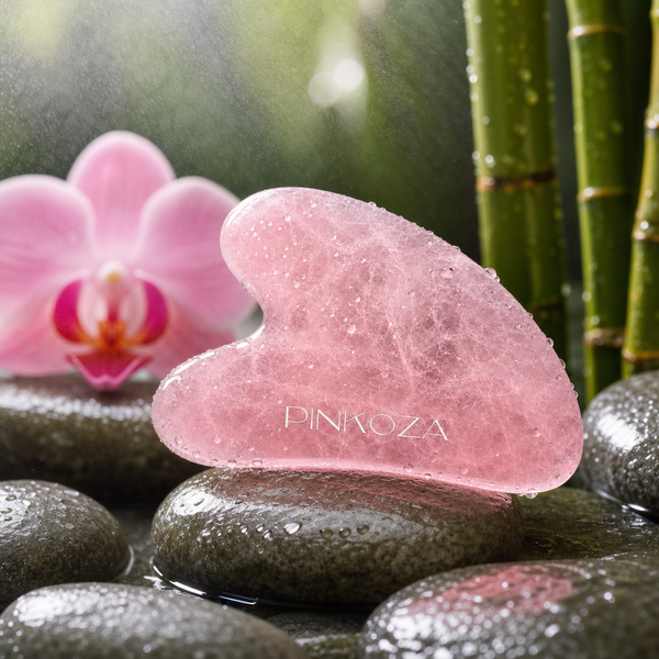 PINKOZA pink crystal gua sha resting on wet black spa stones with a pink orchid and bamboo, alongside a model using the facial tool on her cheek.