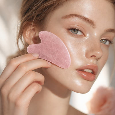 Close up of a young model holding a heart shaped PINKOZA rose quartz gua sha facial tool against her glowing cheek.