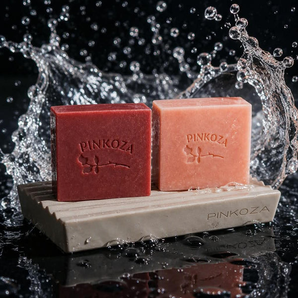 Two PINKOZA goat milk soap bars in deep red and peach pink, embossed with a floral logo, resting on a white branded soap dish amidst splashing water.