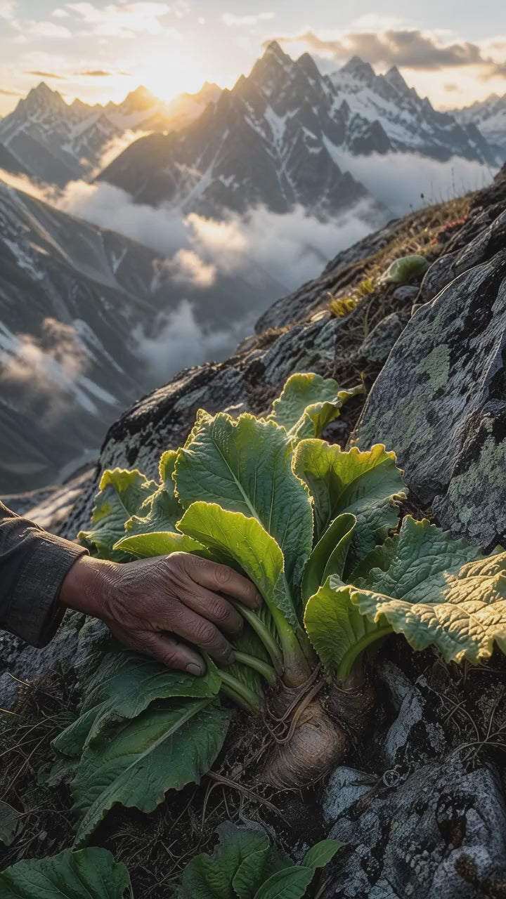 PINKOZA video showing the careful harvest of a rare Himalayan plant with large green leaves on a rocky mountain slope, set against a cinematic snowy mountain landscape at sunrise.